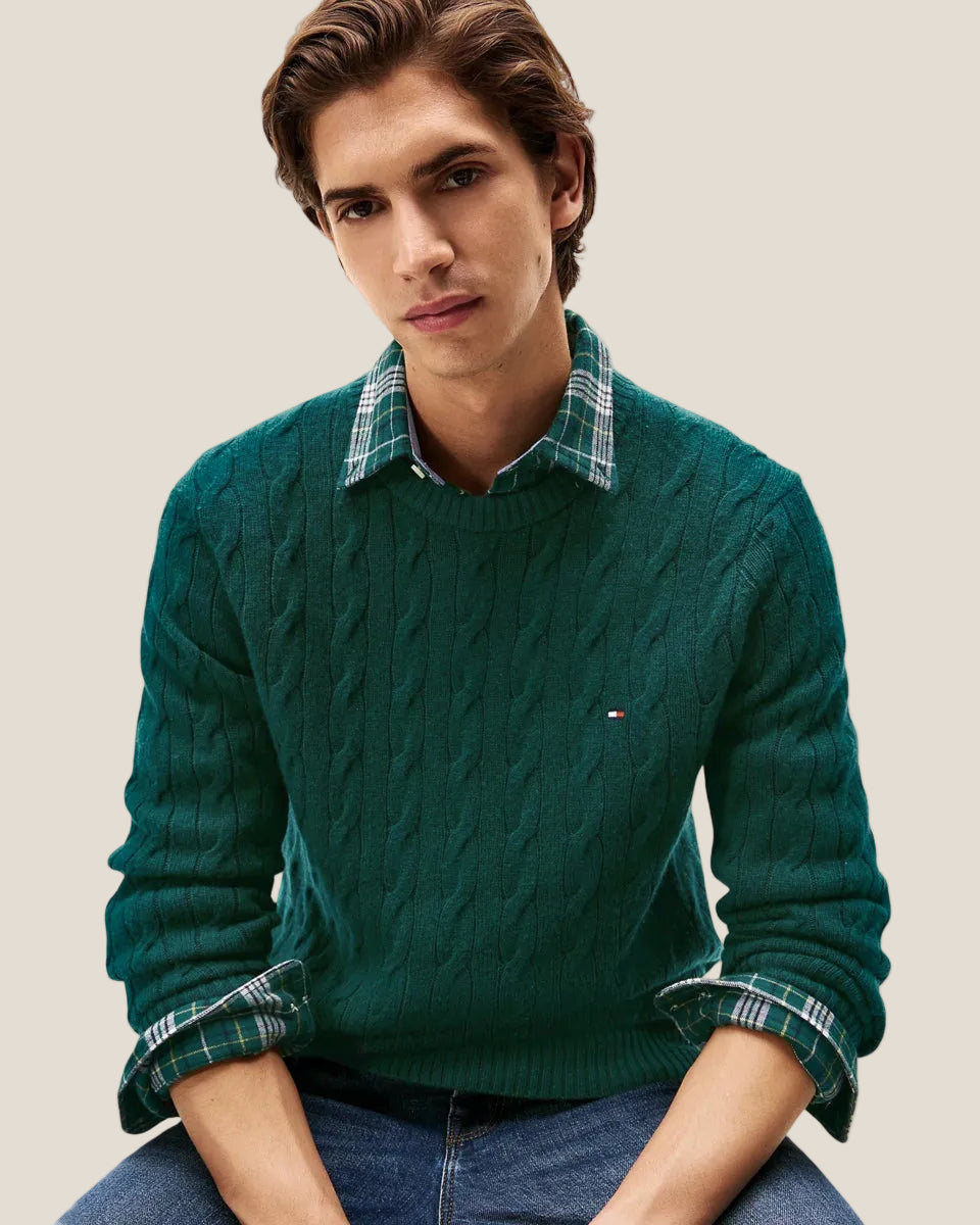 Maglione Girocollo In Lana Intrecciata Con Logo Bandierina Ricamato