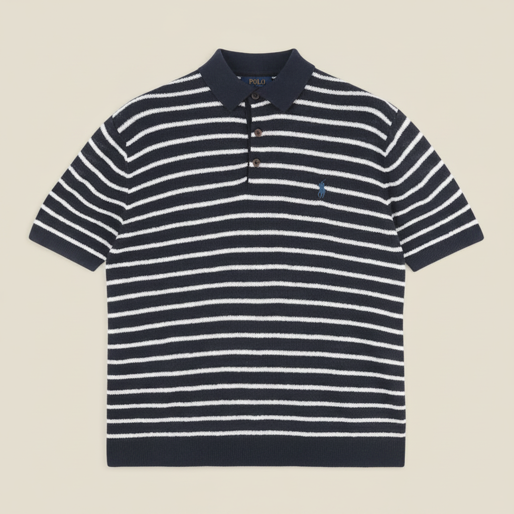 Pony Logo Striped Knitted Polo Shirt Navy/White