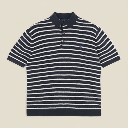 Pony Logo Striped Knitted Polo Shirt Navy/White
