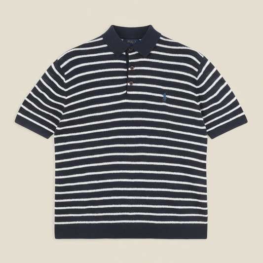 Pony Logo Striped Knitted Polo Shirt Navy/White