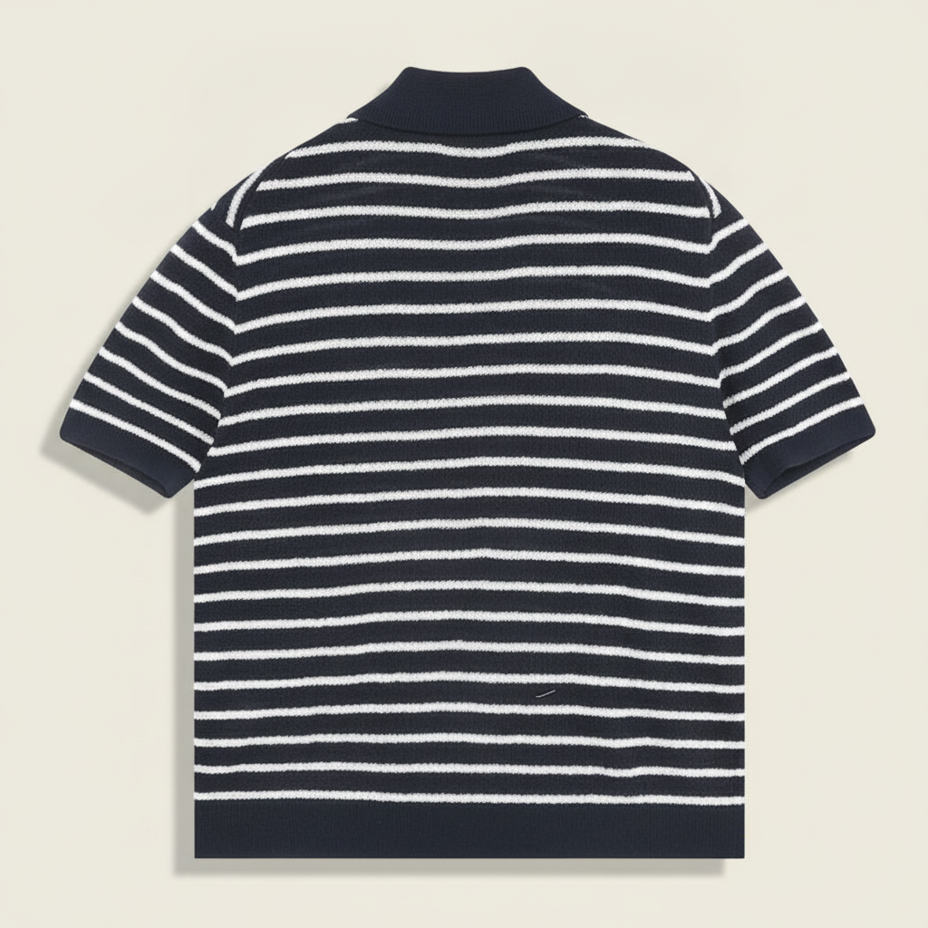 Pony Logo Striped Knitted Polo Shirt Navy/White