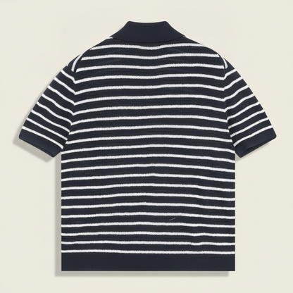 Pony Logo Striped Knitted Polo Shirt Navy/White