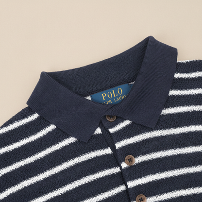 Pony Logo Striped Knitted Polo Shirt Navy/White