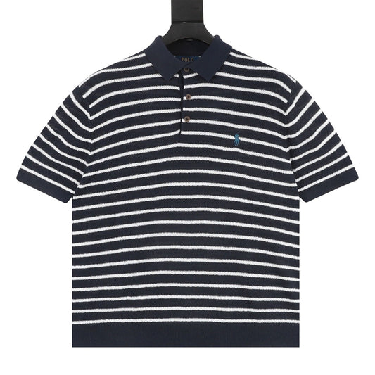 Pony Logo Striped Knitted Polo Shirt Navy/White