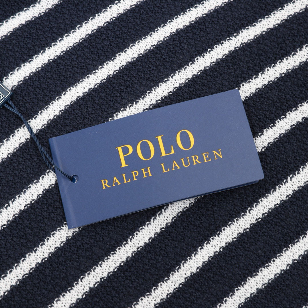 Pony Logo Striped Knitted Polo Shirt Navy/White