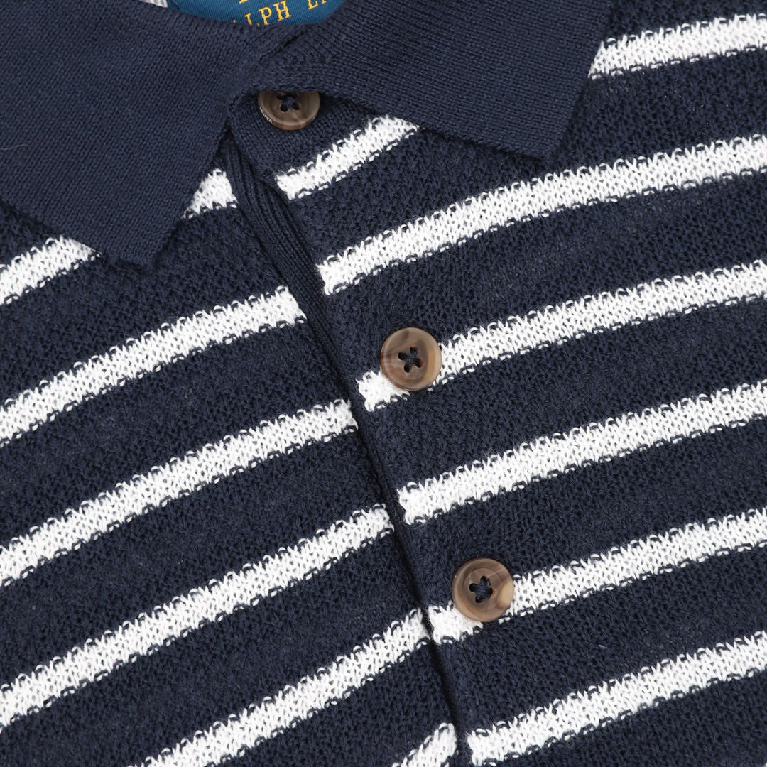 Pony Logo Striped Knitted Polo Shirt Navy/White