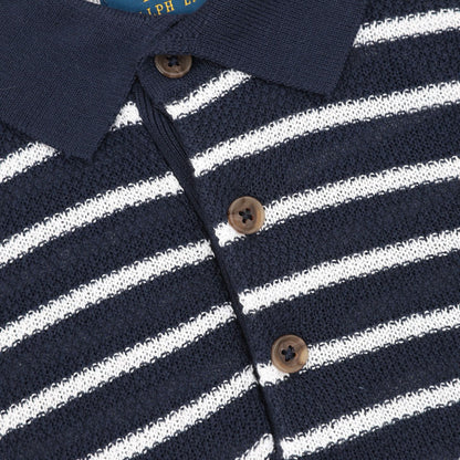 Pony Logo Striped Knitted Polo Shirt Navy/White