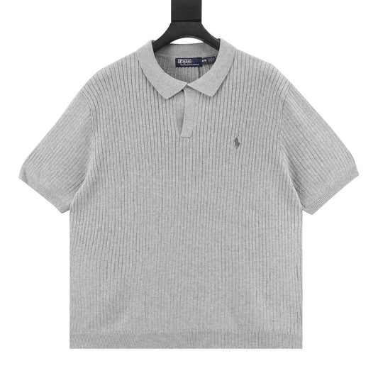 Pony Lapel Striped Polo Shirt Gray