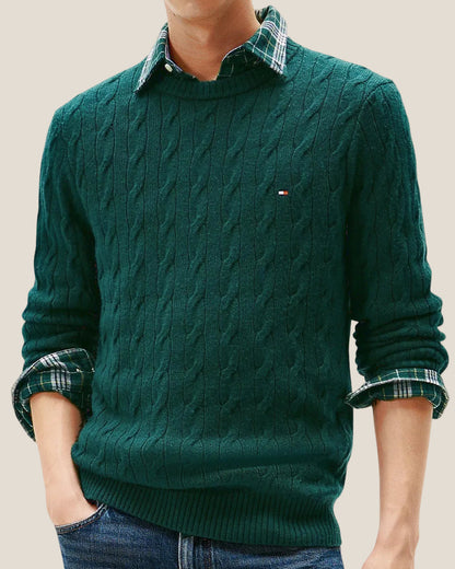 Maglione Girocollo In Lana Intrecciata Con Logo Bandierina Ricamato