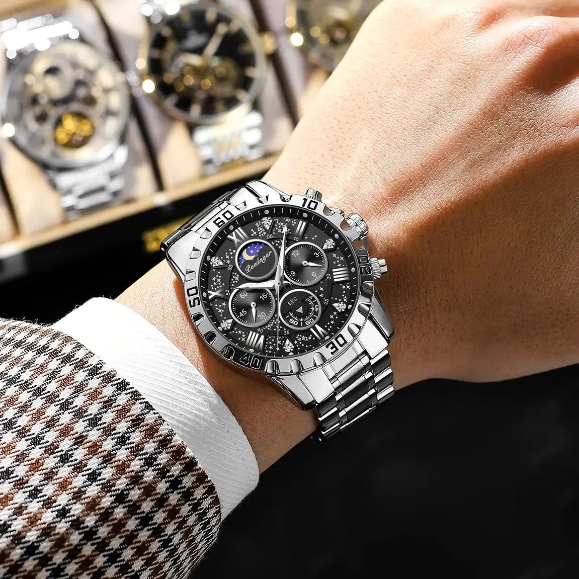 POEDAGAR Chrono Stahlarmbanduhr