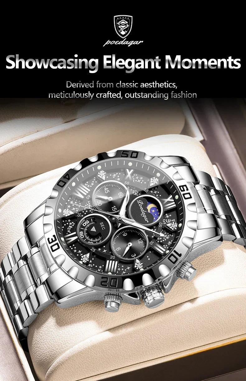 POEDAGAR Chrono Stahlarmbanduhr