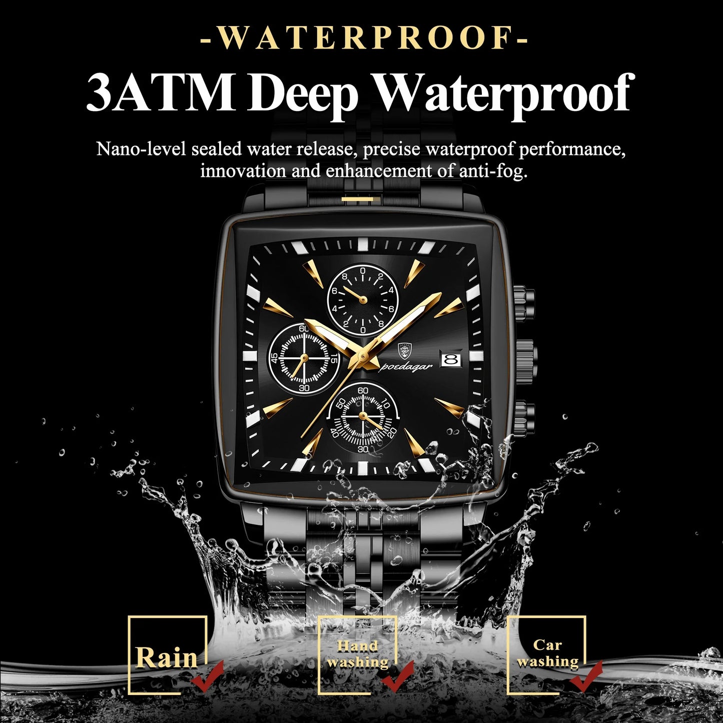 POEDAGAR Prestige Square Chronograph Watch