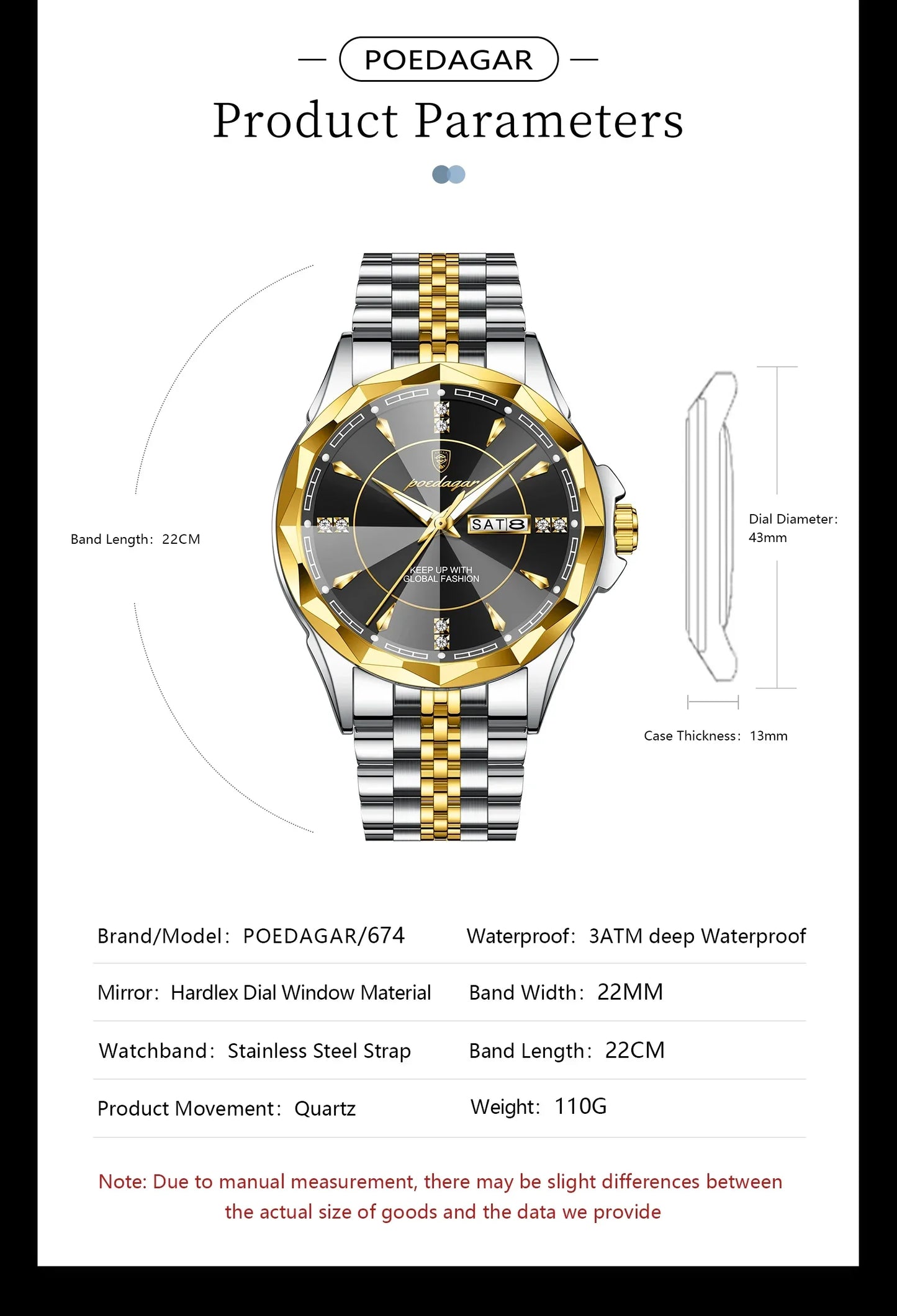 POEDAGAR Royal Steel Armbanduhr