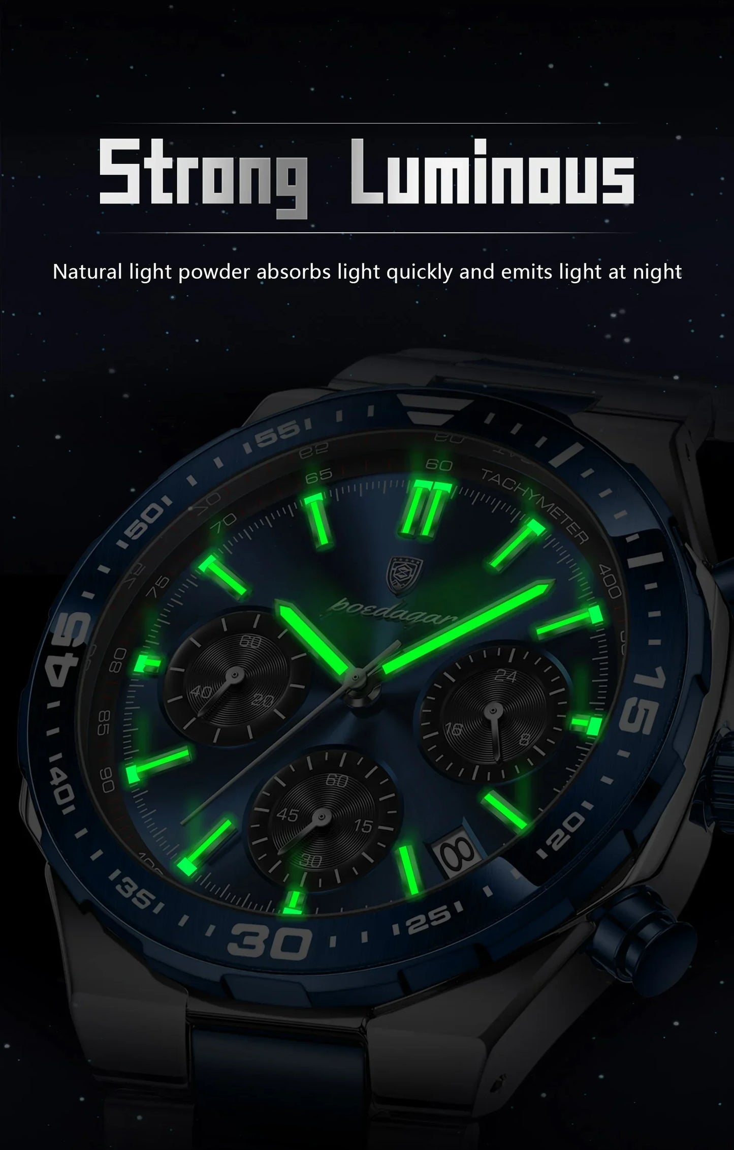 POEDAGAR Chrono Stahlarmbanduhr